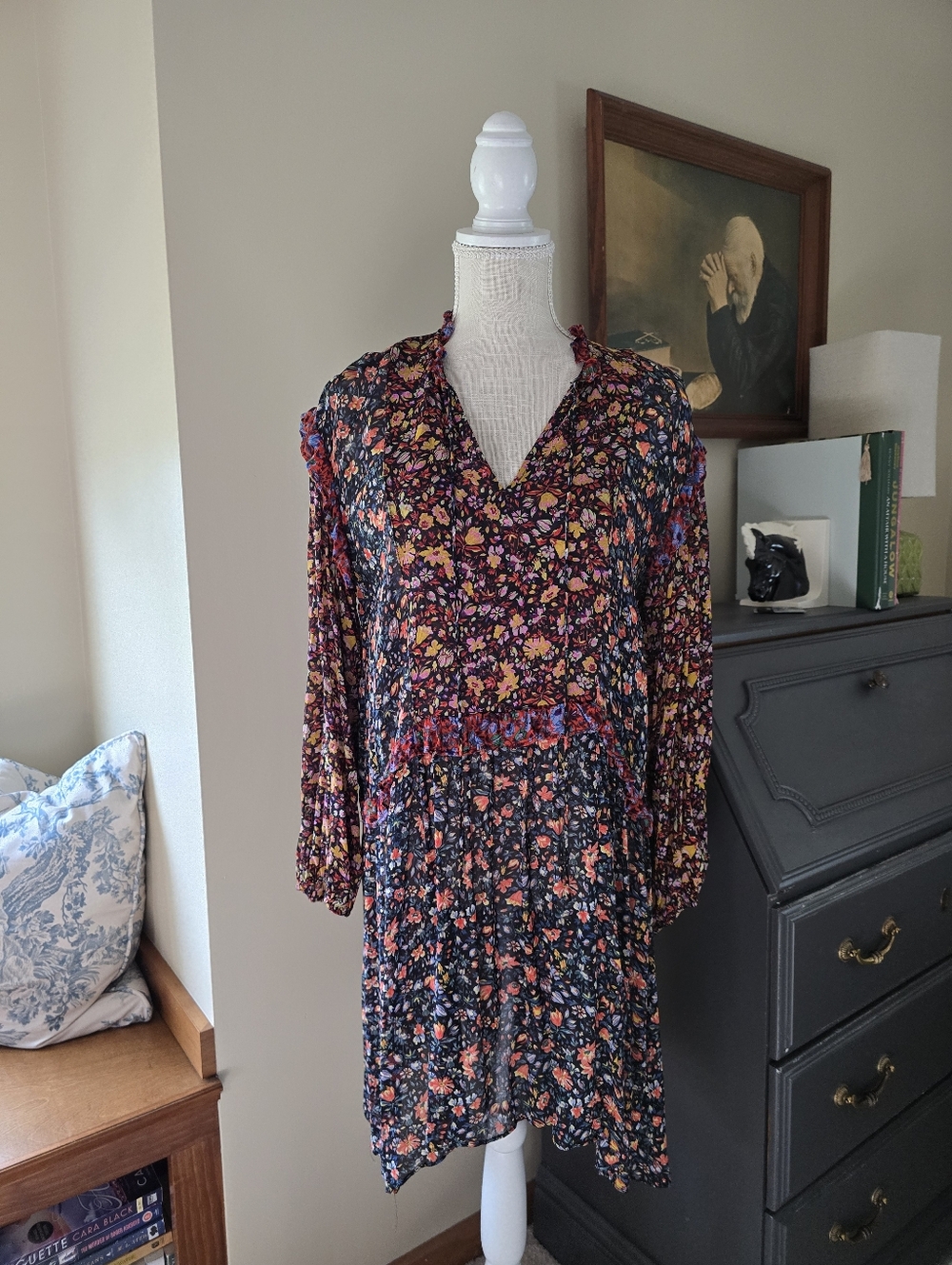 By Anthropologie Size Small Sheer Floral Ruffle Dress